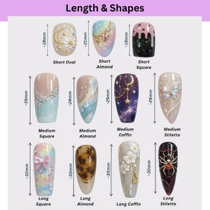 May include: Image showcasing various nail shapes and lengths, including Short Oval, Short Almond, and Long Stiletto. Each nail design features unique embellishments, such as floral accents, celestial motifs, and animal prints. Measurements are provided in millimeters.