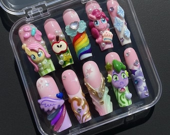 My Little Pony Press On Nails, Cute MLP Character 3D Decoden Nails, Kawaii Fairycore Fake Nails, Pinkie Pie Fluttershy Spike Themed Set