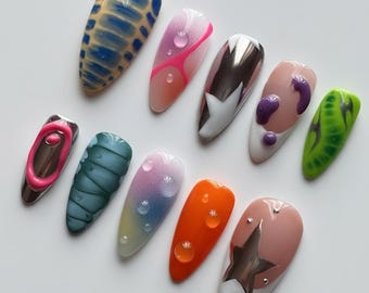 Y2K Chrome Press On Nails, 3D Neon Nail Art Set