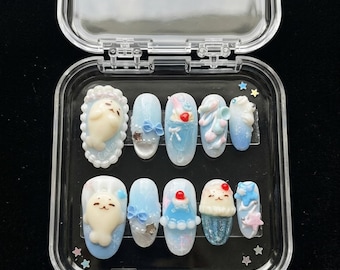 Kawaii Sea Lion Press On Nails, Pastel Blue 3D Ocean Animal Art