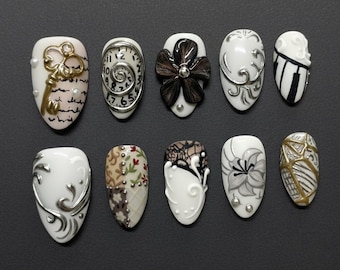 Gothic Vintage Press On Nails | Baroque 3D Nail Art with Key, Clock & Floral Details | Dark Romantic Statement Nails