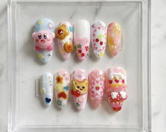 Kawaii Kirby 3D Dessert Press On Nails | Pink Sweet Candy Nail Art | Y2K Cute Cake & Bear Charm Nails | Pastel Kawaii Fake Nails