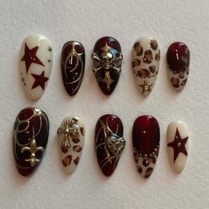 Red Leopard Press On Nails | Gothic Skull Cross Fake Nails | Dark Glam Nail Art with Stars and Metallic Charms for Party and Night Out
