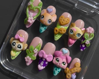 Kawaii 3D Press On Naglar | Söta Djurpastellnaglar | Handgjord Skulpterad Nagelkonst | Fairy Garden Toycore Naglar | Långa Mandelfärgade Lösnaglar