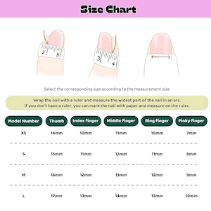 May include: A size chart for nail measurements, with illustrations of how to measure nails. Includes a table with model numbers and corresponding measurements in millimeters for thumb, index, middle, ring, and pinky fingers.
