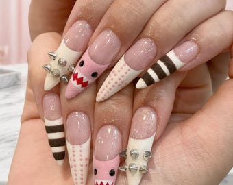 Pink Domo Kawaii Punk Press On Nails | Y2K Harajuku Anime Spiked French Tip Set