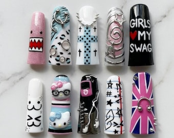 Y2K Emo Scene Press On Nails, Cyber Grunge Harajuku Alt Girl Manicure