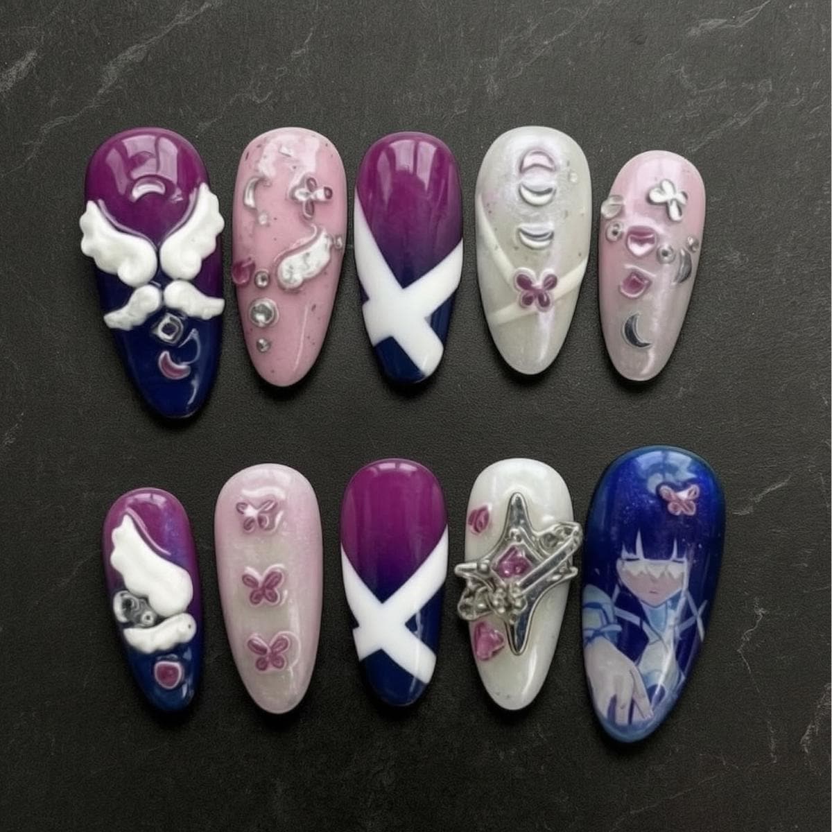Columbina Press-On Nails, Celestial Angelcore, 3D Moon Butterfly Anime Set (Reusable Gel)