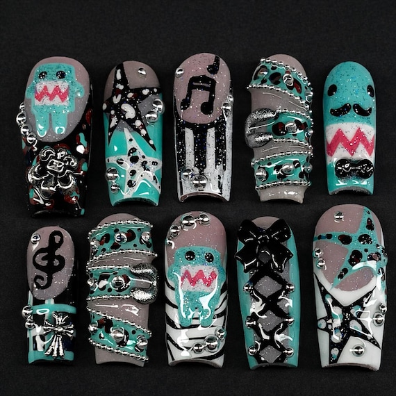 Y2K Press On Nails, Cute Monster Nail Set, 3D Charm Nails, Kawaii Teal Statement Nails, Early 2000s Nail Set
