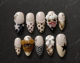 Zigza Raccoon Press On Nails | Cute Monster 3D Nail Set | Handmade Press On Nails