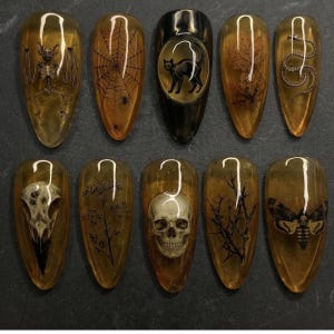May include: A set of ten almond-shaped press-on nails featuring amber-toned translucent bases with detailed black and white illustrations including a bat skeleton, spider web, black cat, autumn leaves, snake skeleton, bird skull, plant, human skull, thorns, and a moth.