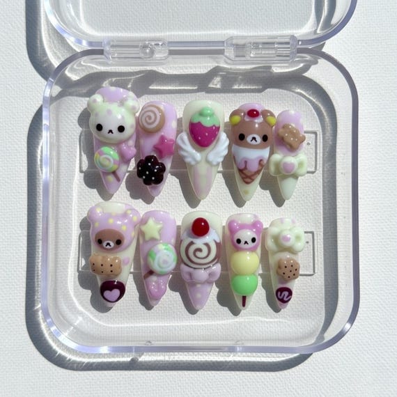 Kawaii Bear Press On Nails – 3D Pastel Candy Dessert Nail Set, Cute Teddy Decoden Charms, Sweet Japanese Style Glue On Nails