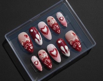 Valentine Press On Nails | Red Pink Heart Nails | Cute Bow Love Nails | Romantic Handmade Fake Nail Set