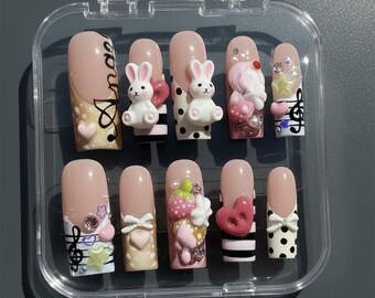 Kawaii Bunny Press On Nails, 3D Rabbit Music Nails, Coquette Sweetheart Fake Nails, Pink Black and White Y2K Reusable Nails, Angel Press ons