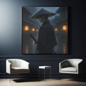 Samurai in the Rain, Digital Art, Japanese Anime Style, Epic Wall Print, Collector’s Piece, Light & Shadow Masterpiece