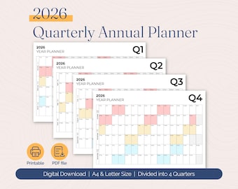 Jaarlijkse kwartaalplanner voor 2026, afdrukbaar (A4- en Letter-formaat) (digitale download)