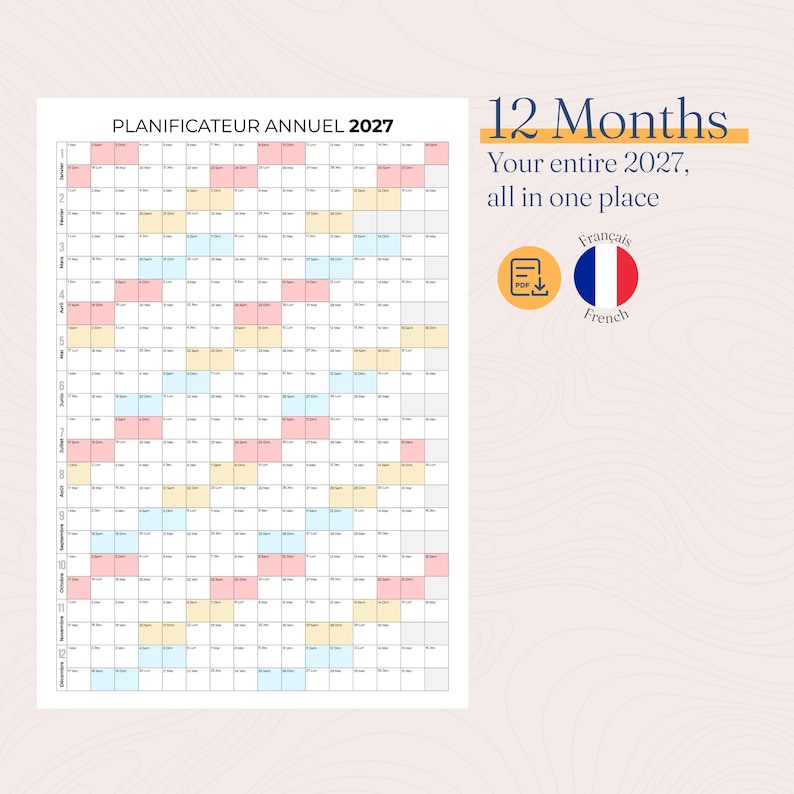 Planificateur Annuel 2027 | 2027 Year Planner | Portrait Yearly Wall ...