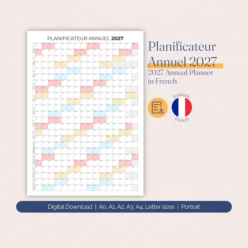Planificateur Annuel 2027 | 2027 Year Planner | Portrait Yearly Wall ...