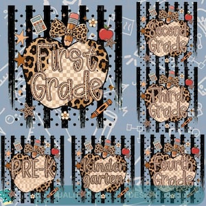 May include: A digital graphic design featuring six leopard print apple shapes on a black and white striped background. Each apple contains text including First Grade, Second Grade, Third Grade, Pre-K, Kindergarten, and Fourth Grade with pencils.