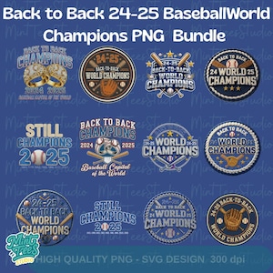 以下が含まれることがあります： 野球をテーマにしたPNGグラフィックのコレクションです。「Back to Back 24-25 BaseballWorld Champions」と「Still Champions 2025」のテキストが特徴です。グラフィックには、野球ボール、バット、グローブ、チャンピオンシップリングが含まれています。