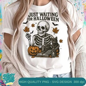Waiting for Halloween PNG | Vintage Skeleton Cat Potion Clipart | Horror PNG | Spooky Fall Sublimation Design | Halloween Digital Download