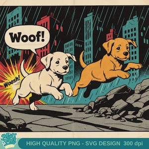 Op de afbeelding: Stripboekachtige illustratie met twee puppy's die rennen in een stad tijdens een regenbui. Eén puppy is crèmekleurig, de andere is oranje. Spreekbellen zeggen "Woof!" en "Woosh!". Gebouwen zijn op de achtergrond.