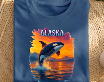 Camiseta con puesta de sol de orca de Alaska, camiseta vibrante con ballena asesina en el océano, camiseta con gráficos de vida silvestre costera, regalo para amantes de la naturaleza y del océano.