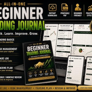 Peut inclure: Un journal de trading pour débutants tout-en-un avec une couverture noire, un graphique de taureau doré et une courbe boursière verte. L'ensemble comprend un ordinateur portable affichant des pages numériques et deux feuilles imprimées.