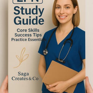 Könnte beinhalten: Ein Studienführer mit dem Titel LPN Study Guide Core Skills Success Tips Practice Essentials von Saga Creates & Co. Das Cover zeigt die Grafik einer medizinischen Fachkraft in einem blauen Kasack mit Stethoskop und braunem Klemmbrett.