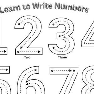 Op de afbeelding: Zwart-wit educatieve grafiek getiteld "Learn to Write Numbers". De grafiek toont de cijfers 1 tot en met 10, elk met stippellijnen en pijlen om het schrijven te begeleiden. Elk nummer is gelabeld met het bijbehorende woord.