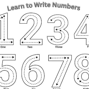 Op de afbeelding: Zwart-wit educatieve print met de cijfers 1 tot en met 10 en pijlen, ontworpen om kinderen te helpen schrijven. De tekst "Learn to Write Numbers" staat bovenaan, met elk nummer eronder gelabeld.