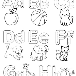 Op de afbeelding: Zwart-wit educatief werkblad met de tekst "Trace and Color the letter:". Het werkblad bevat hoofdletters en kleine letters A t/m H, samen met illustraties van een appel, basketbal, kat, hond, olifant, vos, giraffe en helikopter.