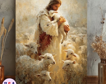 Good Shepherd Jesus Canvas and Poster Wall Art - Jesus Holding Lamb Christian Faith Painting - Religious Spiritual Home Decor Gift