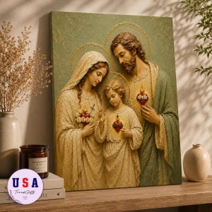 Holy Family Canvas Wall Art - Sacred Hearts Jesus Mary Joseph - Catholic Religious Decor