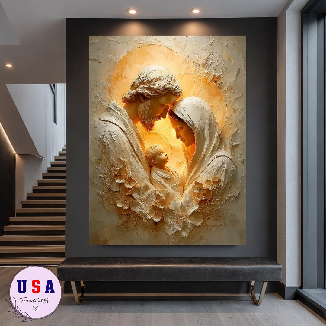 Holy Family Canvas Wall Art - Jesus Mary Joseph Religious Decor - Gold ...