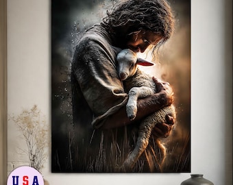 Jesus Holding Lamb Canvas, Good Shepherd Christian Wall Art