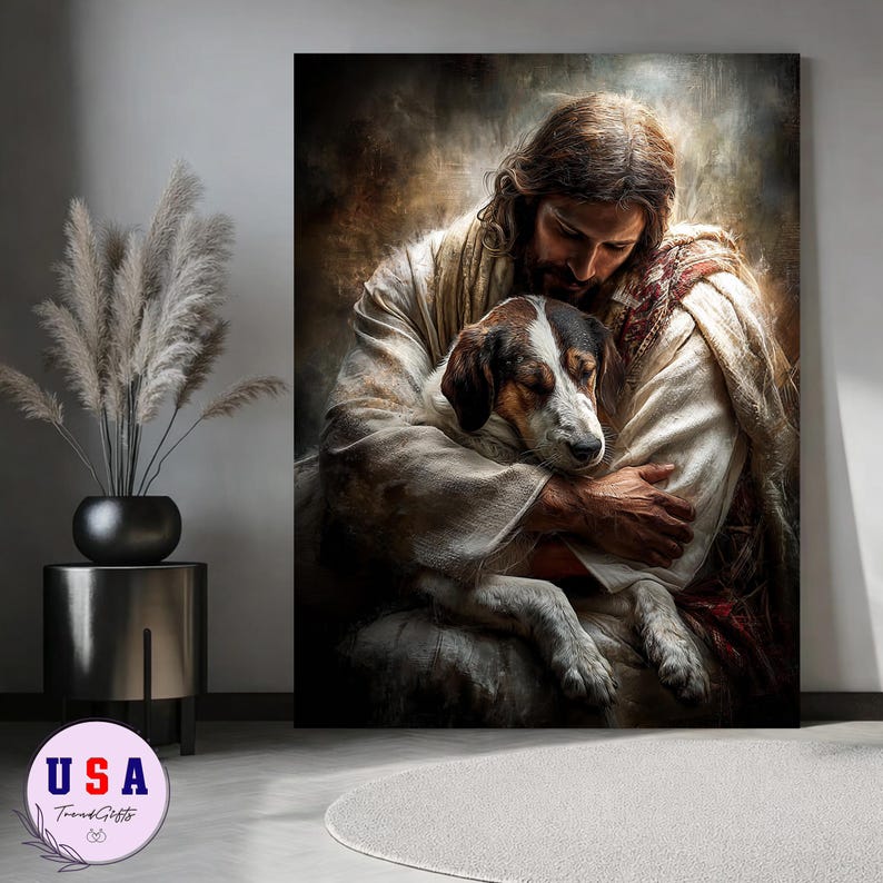 Jesus Hugging Dog Wall Art | Christian Pet Lover Faith Canvas Decor - Etsy