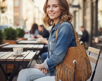 Handmade Suede Fringe Shoulder Bag, Boho Western Purse