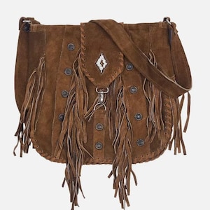 Western Suede Leather Bag with Fringes And Beaded Detail, Handmade Crossbody Rodeo Purse, Brown Cowgirl Bag for Women, Festival & Boho Style