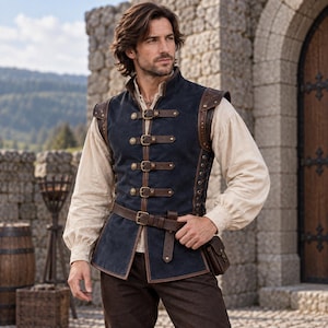 May include: A dark blue sleeveless vest featuring brown leather trim, four front buckle closures, and side lacing. The vest is worn over a long-sleeved beige shirt and paired with dark brown trousers, with a small leather pouch attached to the waist.