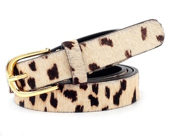 Cinto de couro bovino com estampa de leopardo: couro com pelo feito à mão, fivela dourada