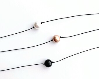 Single Pearl Choker Necklace . Delicate Black Cord . Celestial Crystal