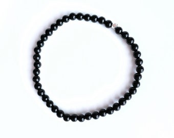 Black Onyx Gemstone . Dainty Stretch Bracelet . Delicate Stacking Jewelry