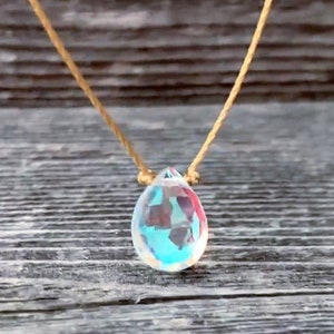Mystic Rainbow Hydroquartz Faceted Teardrop . Cord Necklace