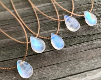 Small Rainbow Moonstone Smooth Teardrop . Cord . Necklace . Choker