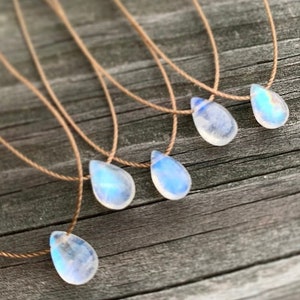 Small Rainbow Moonstone Smooth Teardrop . Cord . Necklace . Choker