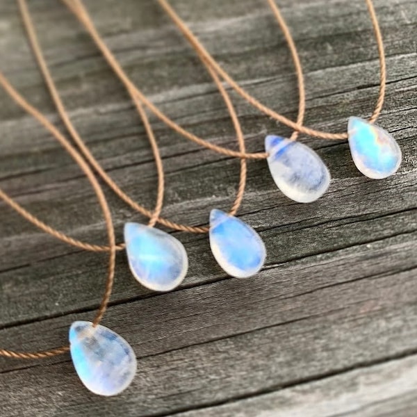 Small Rainbow Moonstone Smooth Teardrop . Cord . Necklace . Choker