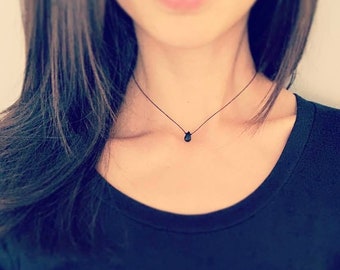 Black Onyx Gemstone Teardrop Necklace . Black Cord . Delicate Choker