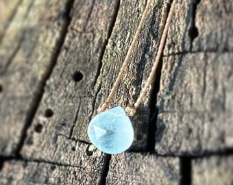 Aquamarine Small Faceted Teardrop . Cord . Necklace . Delicate Choker