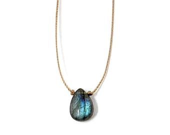 Labradorite Gemstone Flashy Teardrop . Cord . Necklace . Choker